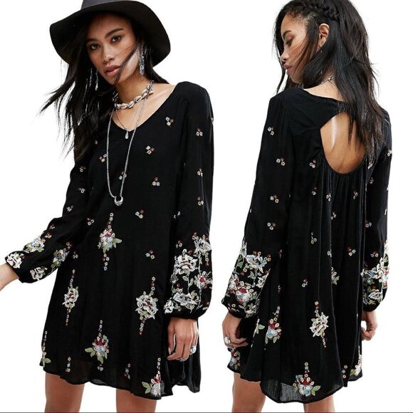 Free People Embroidered Mini Smock Dress Size Small Black Swing Festival Boho - Picture 1 of 8